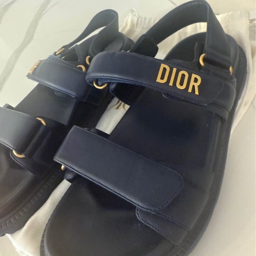 Dior Dark Blue Sandals with Gold Lettering